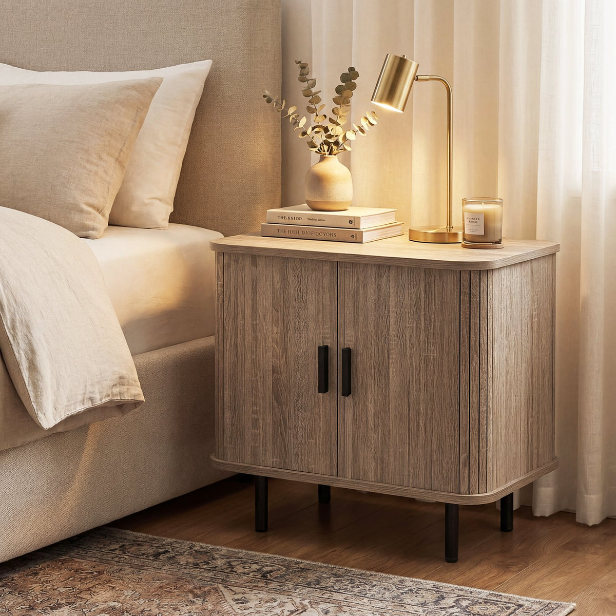 End Table Modern Mid Century Nightstand with Sliding Tambour Doors and Storage Shelf-Natural view 3