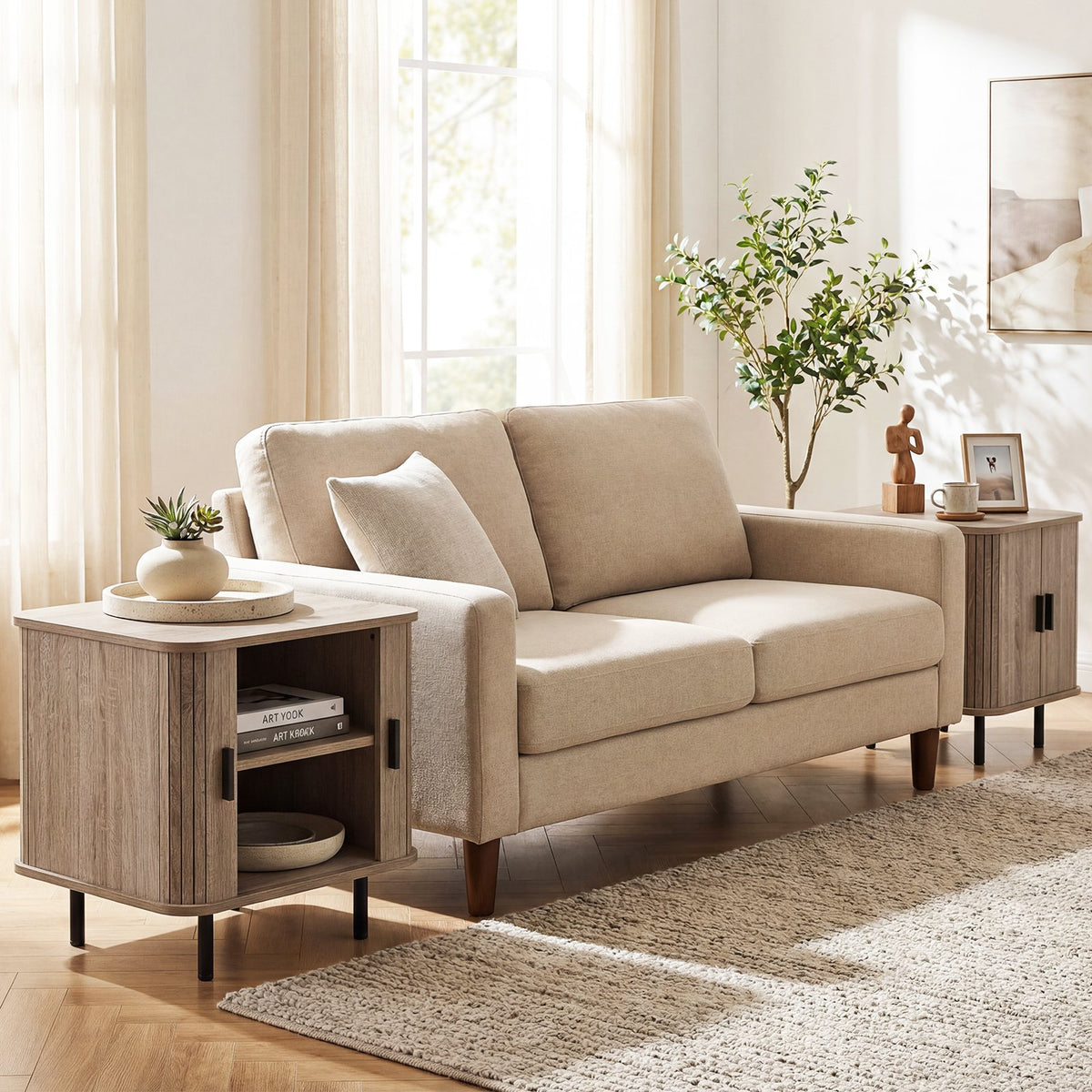 End Table Modern Mid Century Nightstand with Sliding Tambour Doors and Storage Shelf-Natural view 6