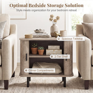 End Table Modern Mid Century Nightstand with Sliding Tambour Doors and Storage Shelf-Natural view 7