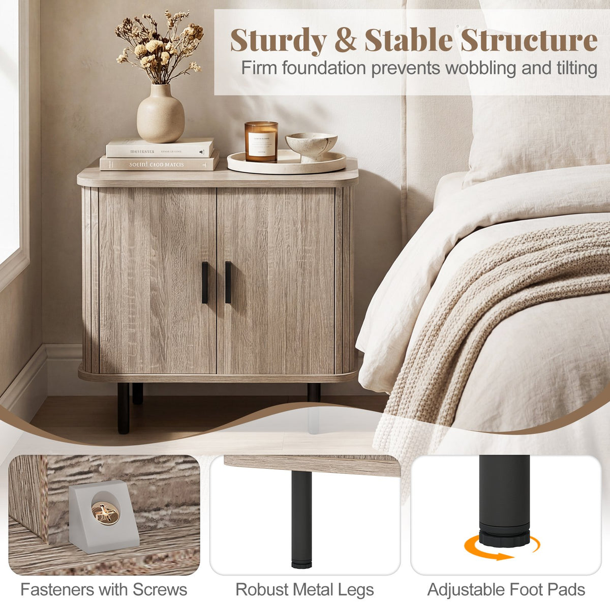 End Table Modern Mid Century Nightstand with Sliding Tambour Doors and Storage Shelf-Natural view 8