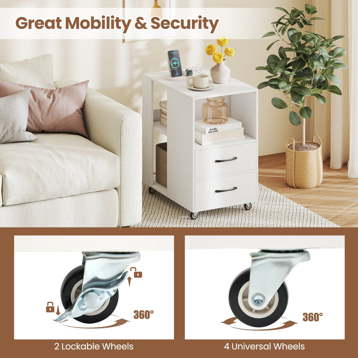 End Table with Built-in Charging Station Sofa Side Bedside Table on Wheels-White view 8