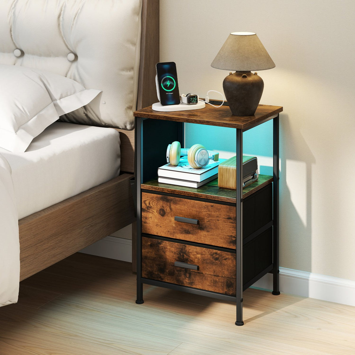 End Table with Charging Station Set of 1 Nightstand with 2 Folding Fabric Drawers view 2