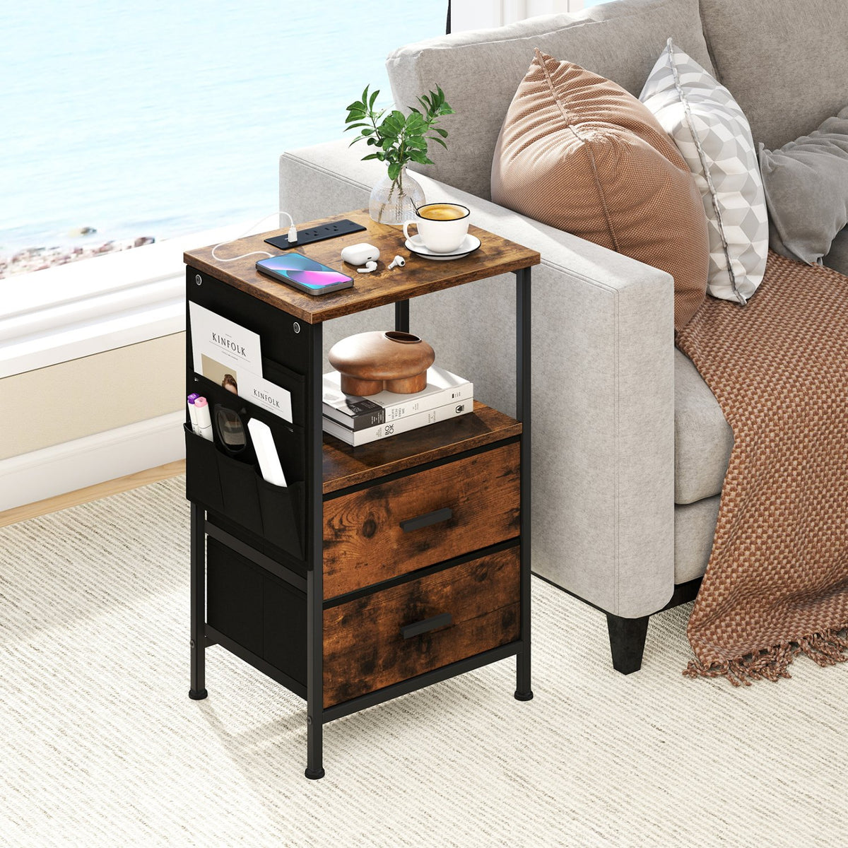 End Table with Charging Station Set of 1 Nightstand with 2 Folding Fabric Drawers view 3