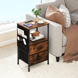 End Table with Charging Station Set of 1 Nightstand with 2 Folding Fabric Drawers view 3