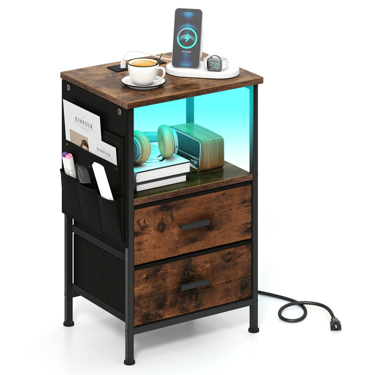 End Table with Charging Station Set of 1 Nightstand with 2 Folding Fabric Drawers view 4