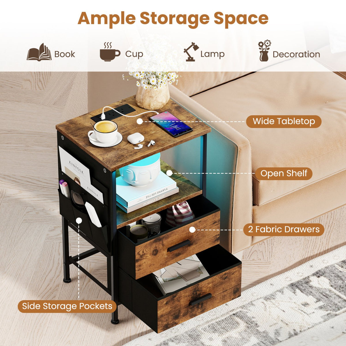 End Table with Charging Station Set of 1 Nightstand with 2 Folding Fabric Drawers view 7