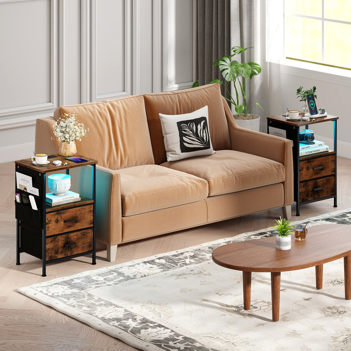 End Table with Charging Station Set of 2 Nightstand with 2 Folding Fabric Drawers view 3