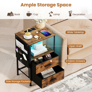 End Table with Charging Station Set of 2 Nightstand with 2 Folding Fabric Drawers view 5