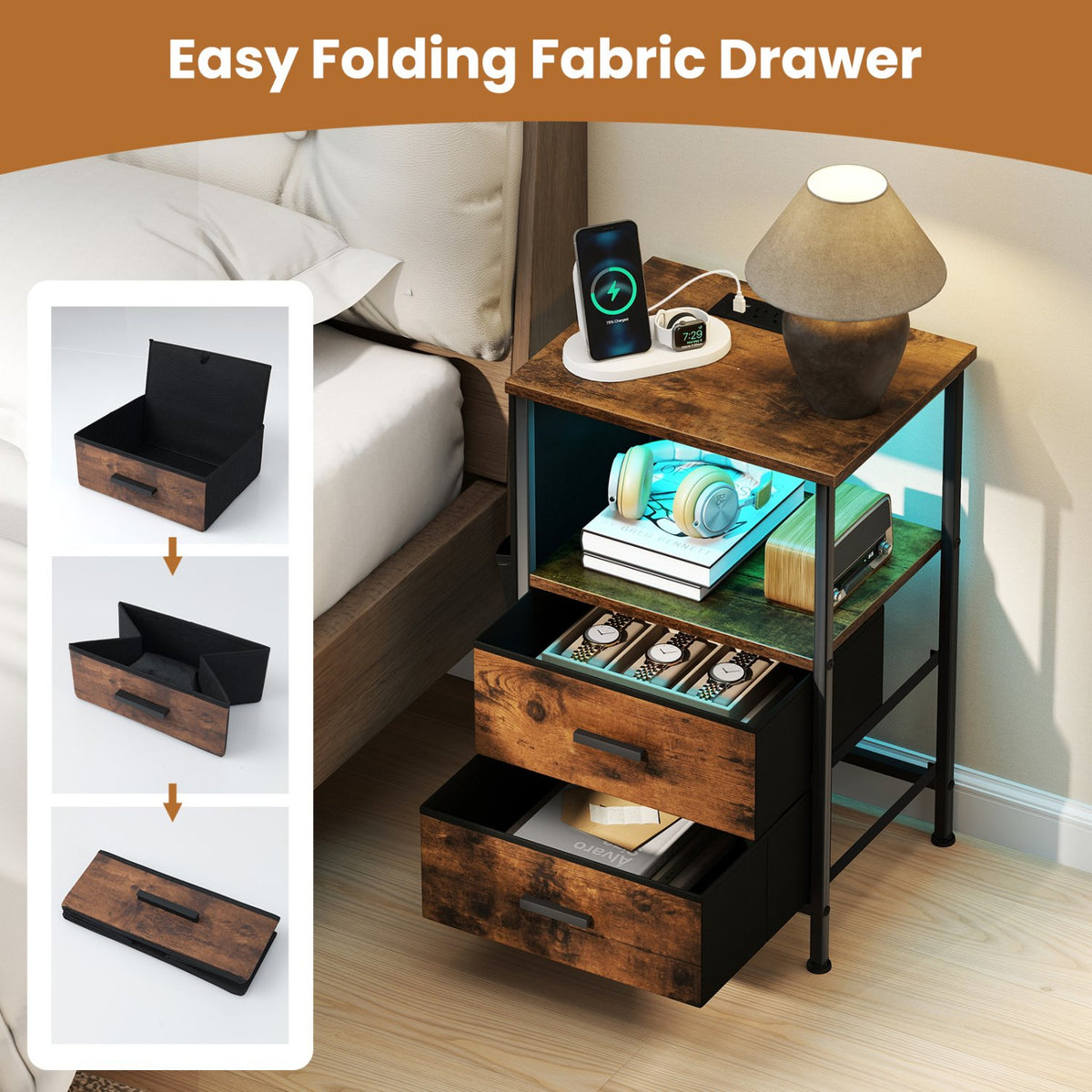 End Table with Charging Station Set of 2 Nightstand with 2 Folding Fabric Drawers view 8