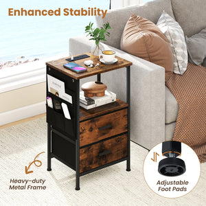 End Table with Charging Station Set of 2 Nightstand with 2 Folding Fabric Drawers view 9