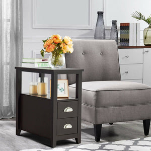 End Table Wooden with 2 Drawers and Shelf Bedside Table-Dark Brown view 2