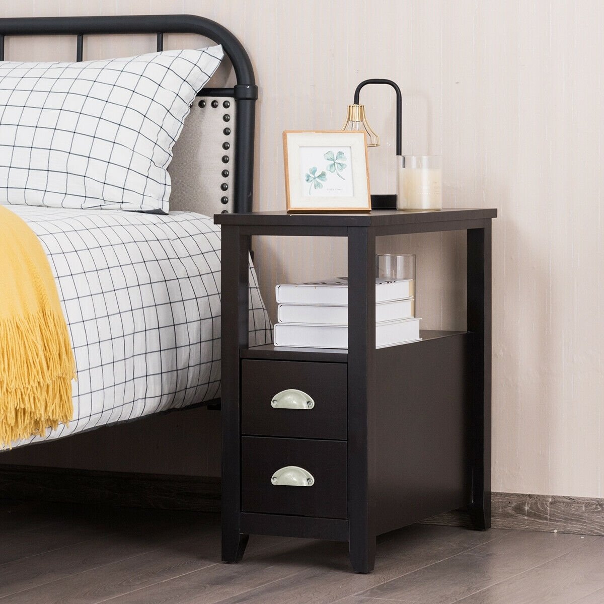 End Table Wooden with 2 Drawers and Shelf Bedside Table-Dark Brown view 3