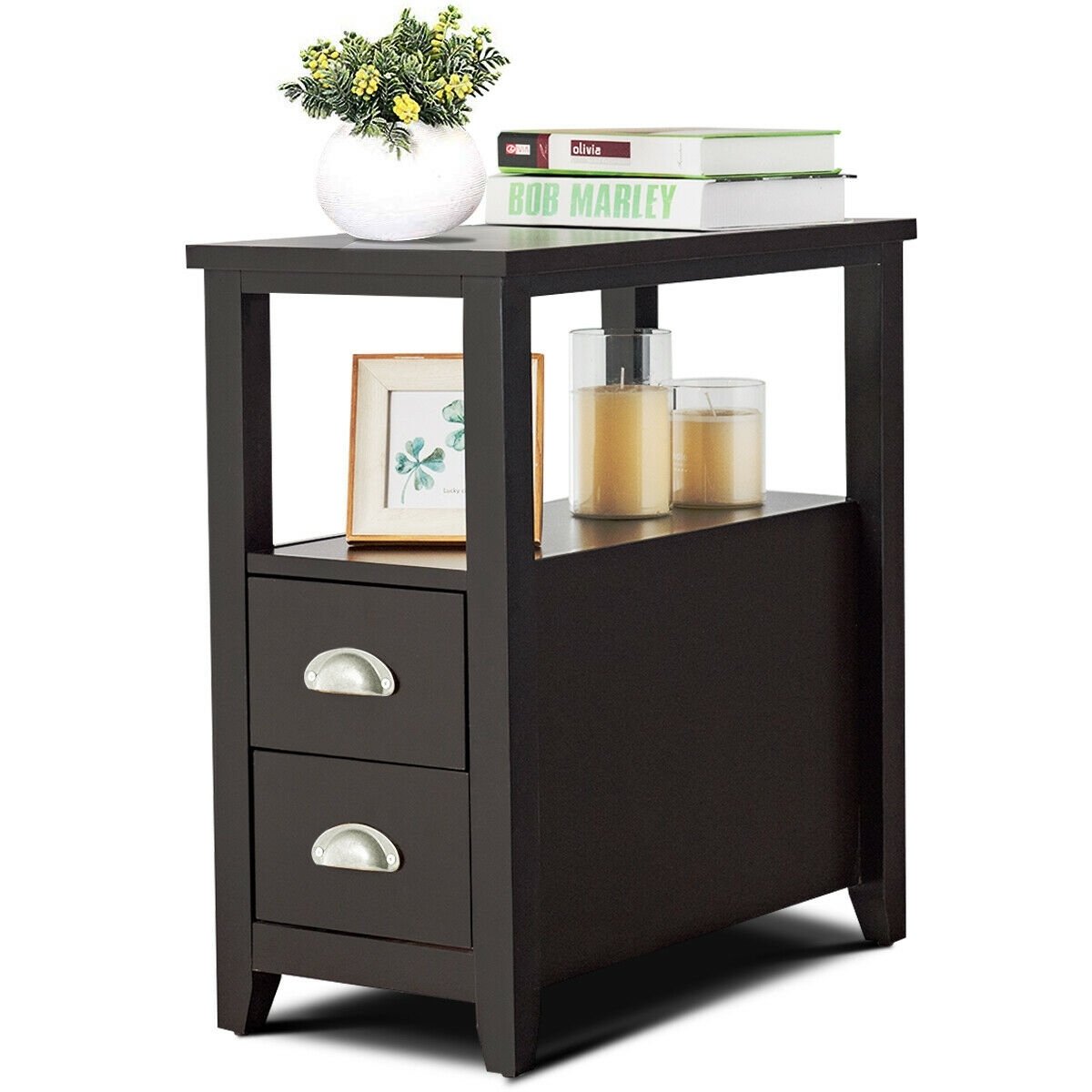 End Table Wooden with 2 Drawers and Shelf Bedside Table-Dark Brown view 4