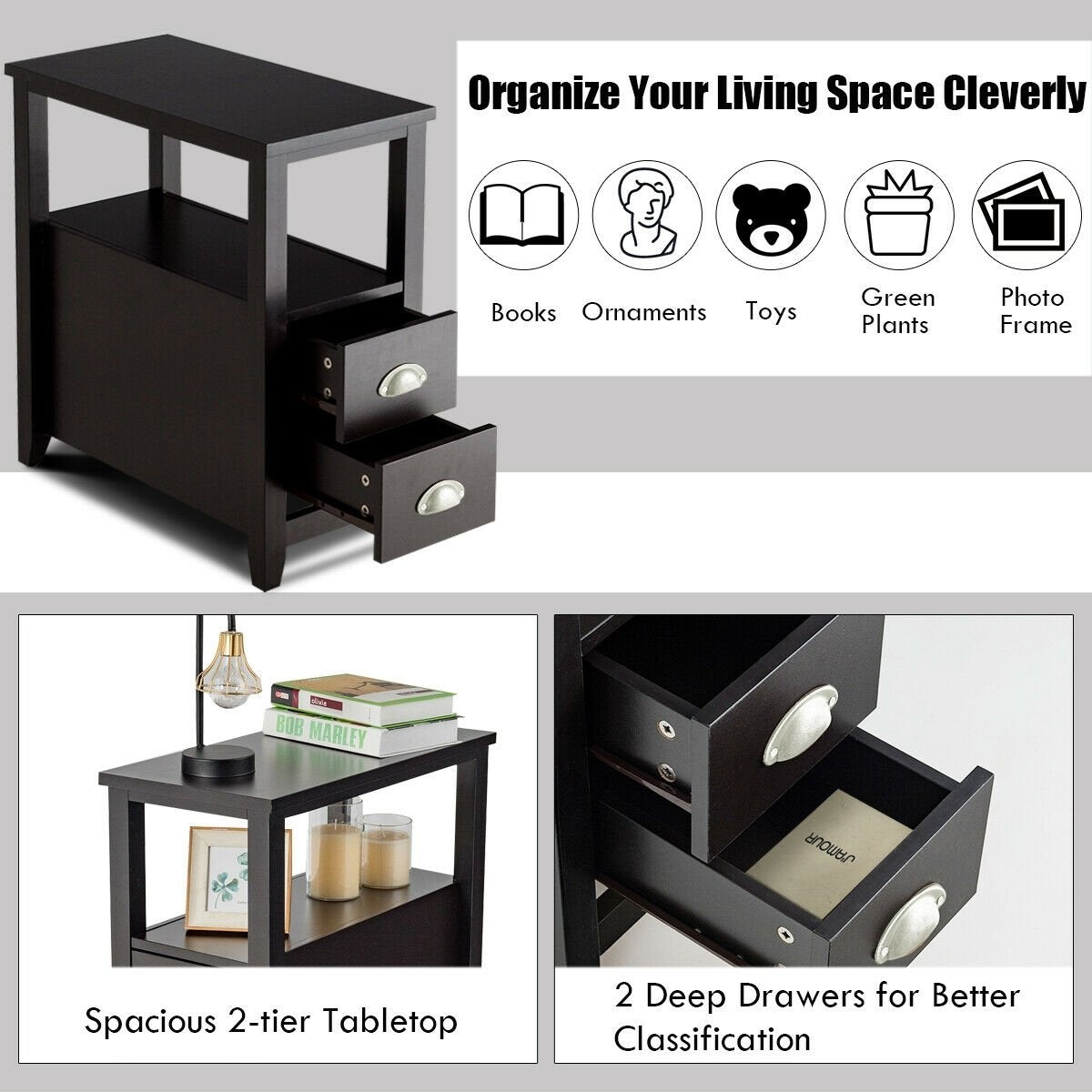 End Table Wooden with 2 Drawers and Shelf Bedside Table-Dark Brown view 8