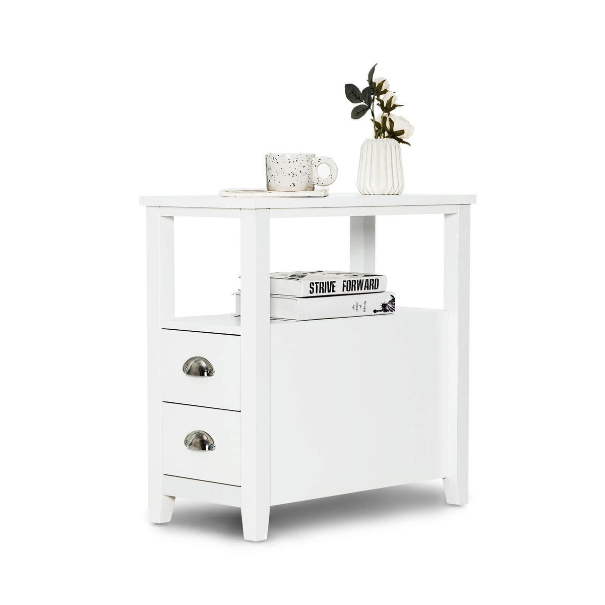 End Table Wooden with 2 Drawers and Shelf Bedside Table-White view 4