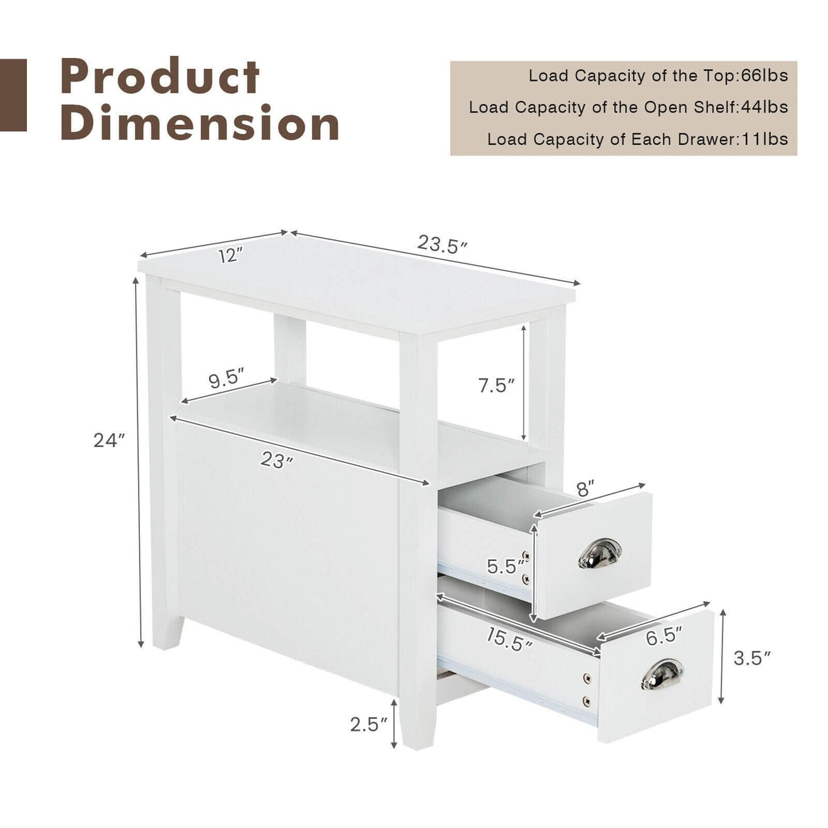End Table Wooden with 2 Drawers and Shelf Bedside Table-White view 5