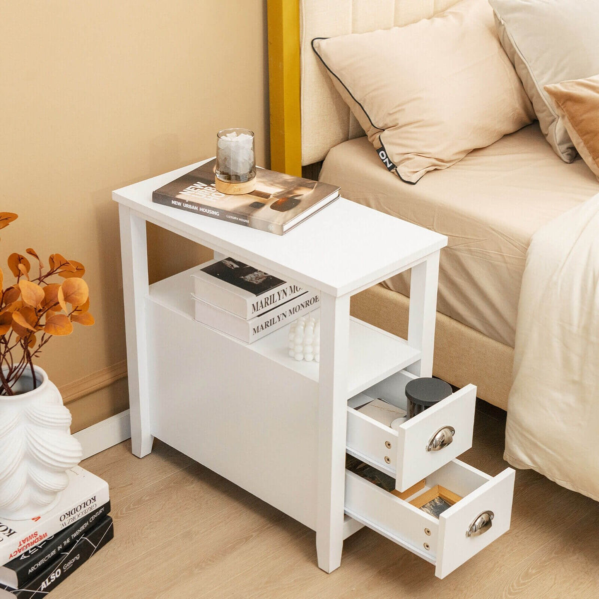 End Table Wooden with 2 Drawers and Shelf Bedside Table-White view 7