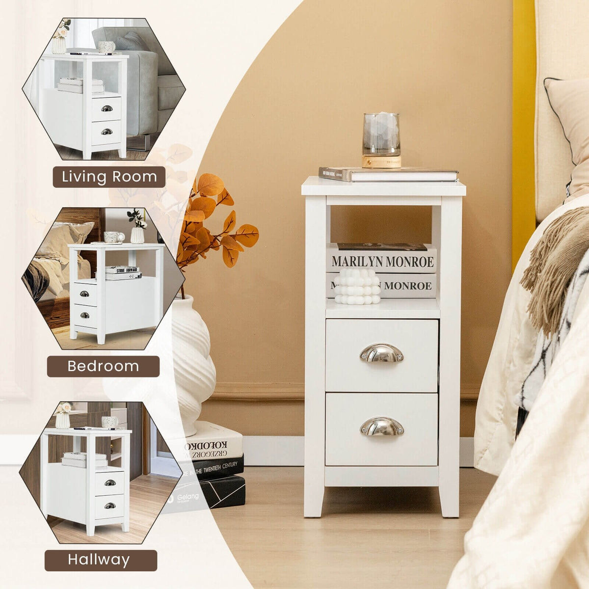 End Table Wooden with 2 Drawers and Shelf Bedside Table-White view 8