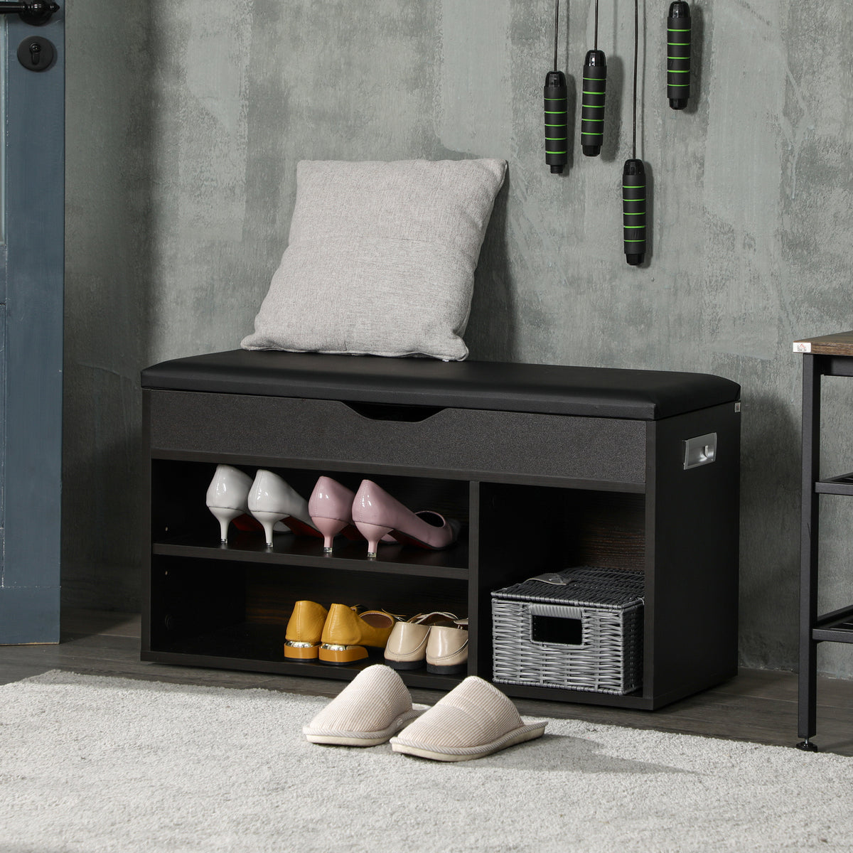 Shoe Bench Entryway Storage Rack with Padded Cushion, Hidden Storage for Hallway, Living Room, Natural – view 14