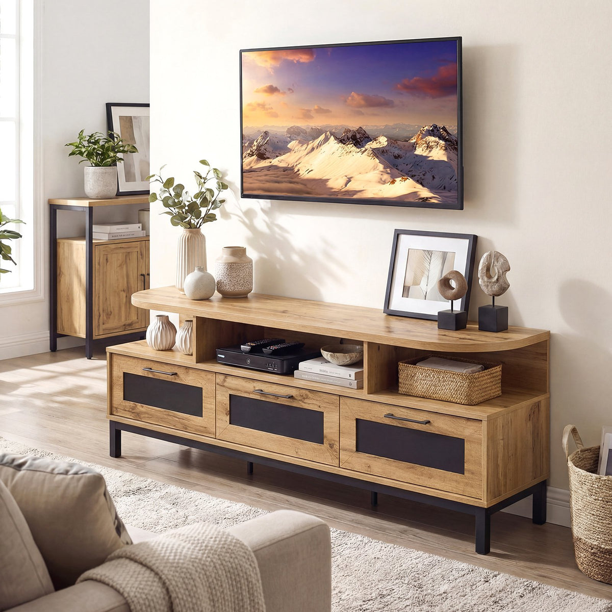 Entertainment Center with 3 Storage Drawers and Open Shelves-Natural view 3