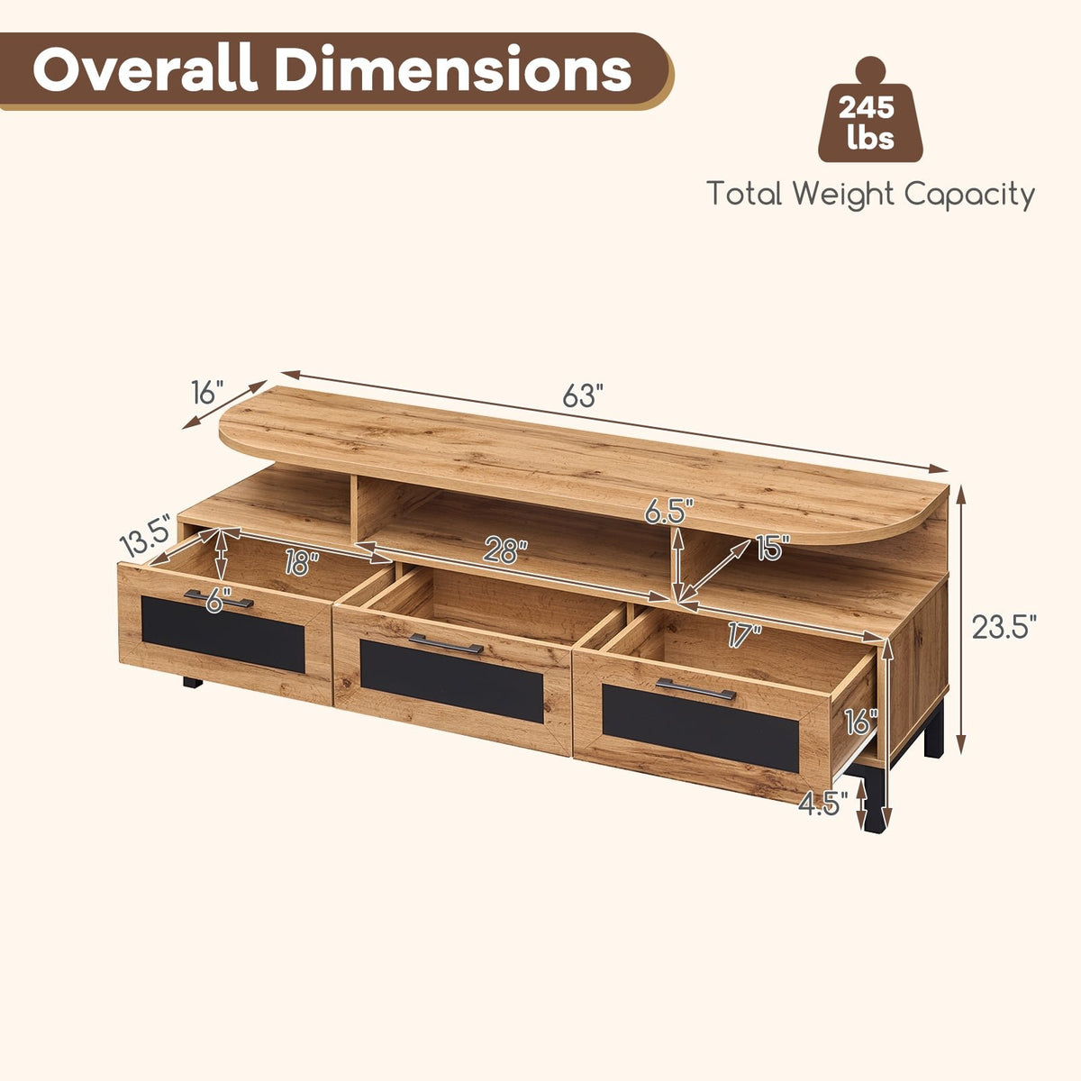 Entertainment Center with 3 Storage Drawers and Open Shelves-Natural view 5