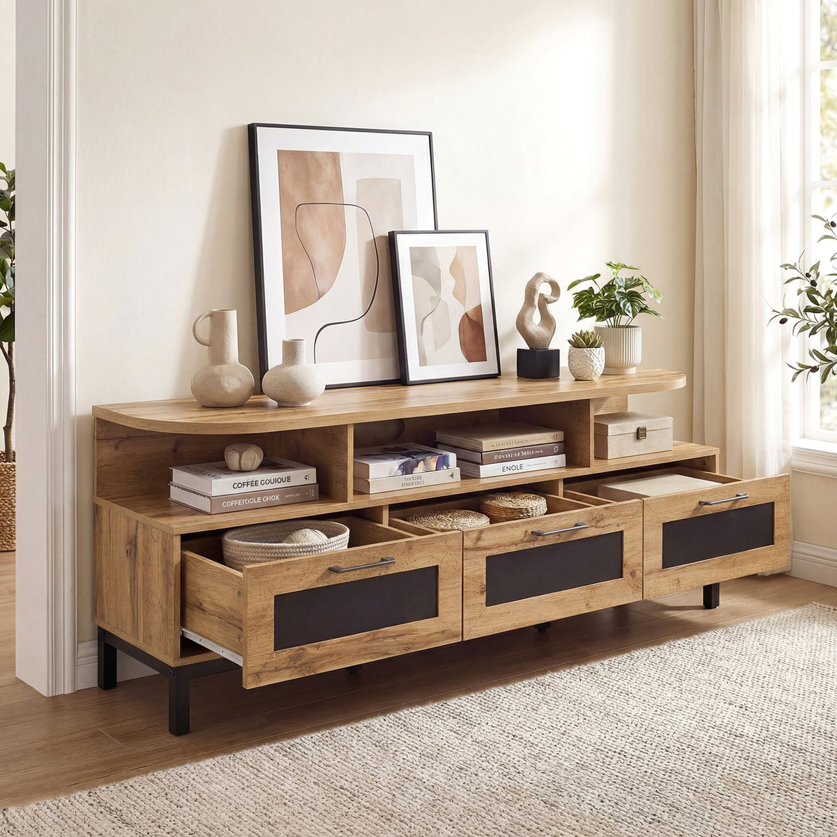 Entertainment Center with 3 Storage Drawers and Open Shelves-Natural view 6