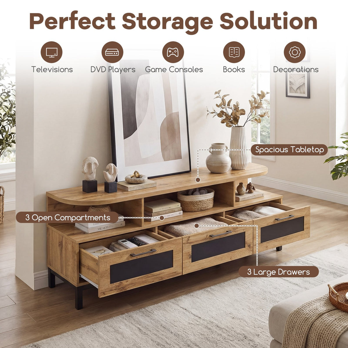 Entertainment Center with 3 Storage Drawers and Open Shelves-Natural view 7