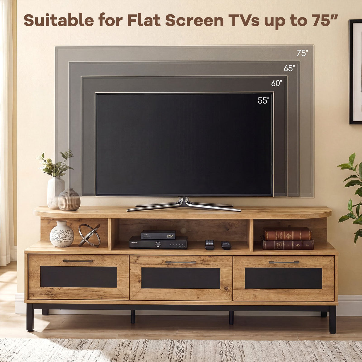 Entertainment Center with 3 Storage Drawers and Open Shelves-Natural view 8