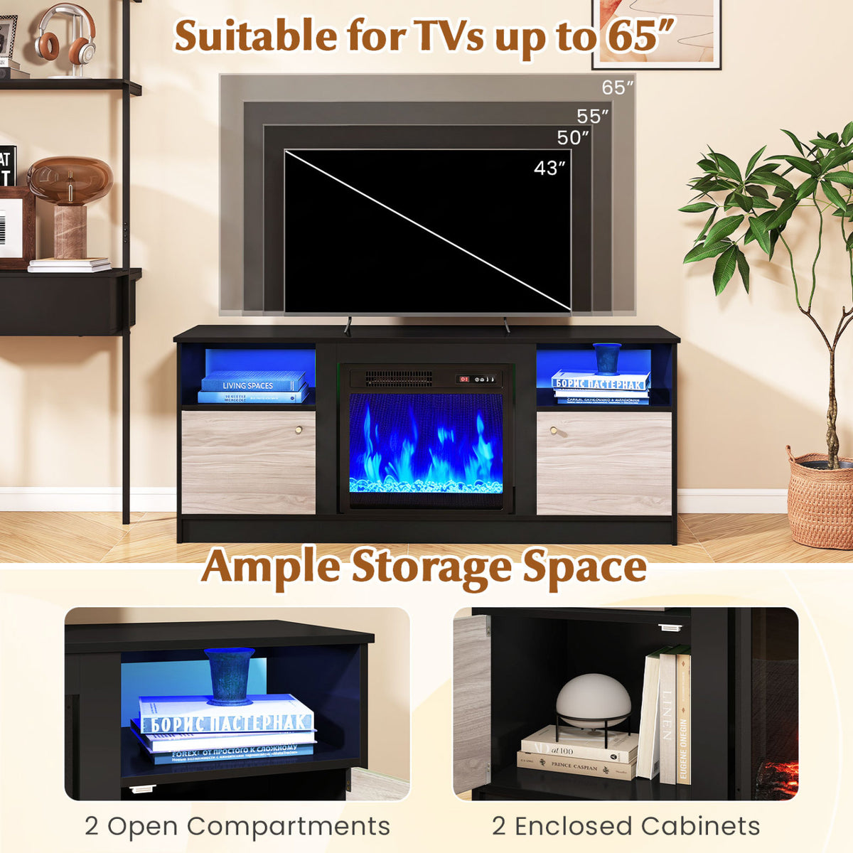 Entertainment Center with Adjustable Shelf & Open Compartment for 65” TVs-Style 2 view 9