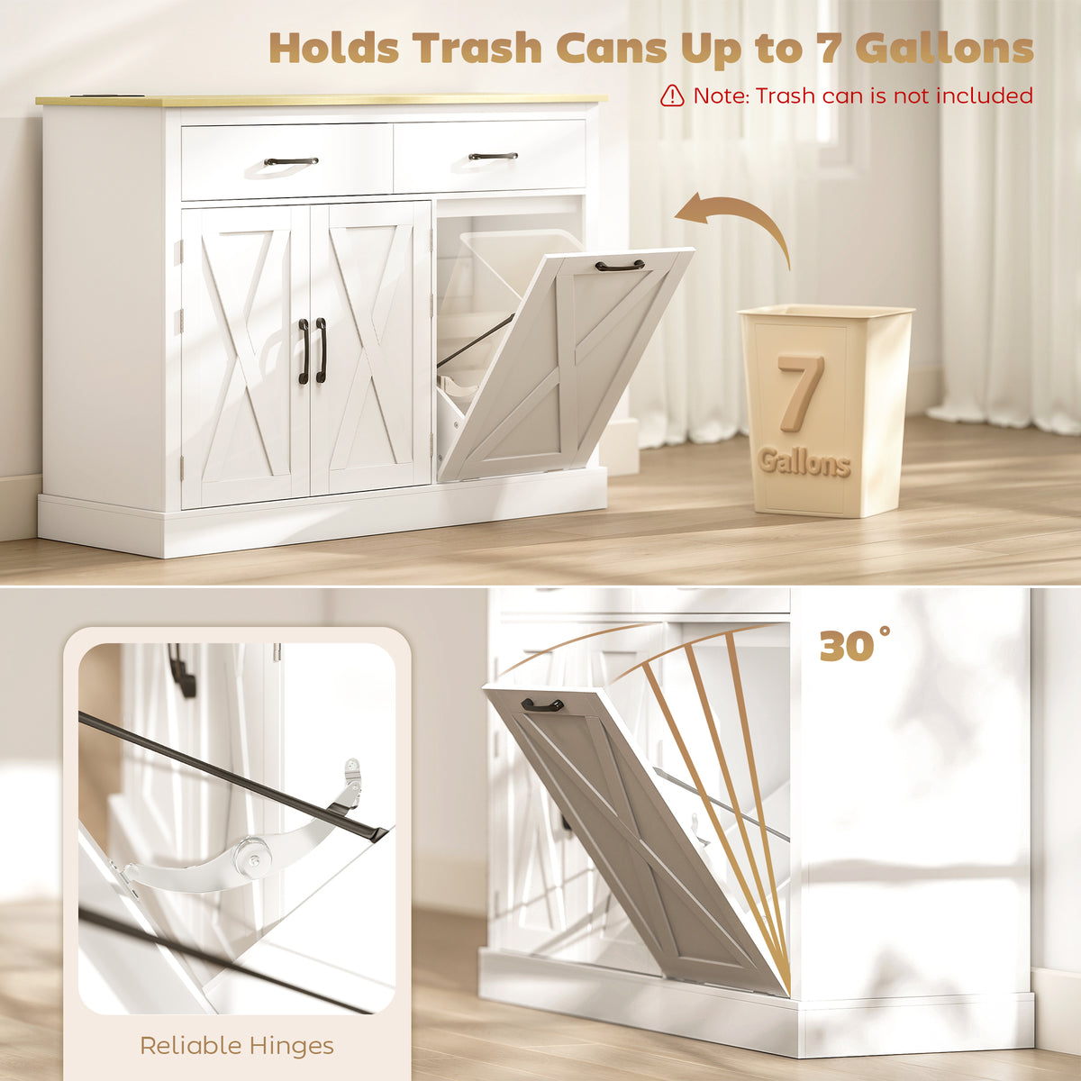 7 Gallon Tilt Out Garbage Cabinet, Kitchen Island with Charging Station, 2 Drawers, 4 Door Racks, Black – view 11