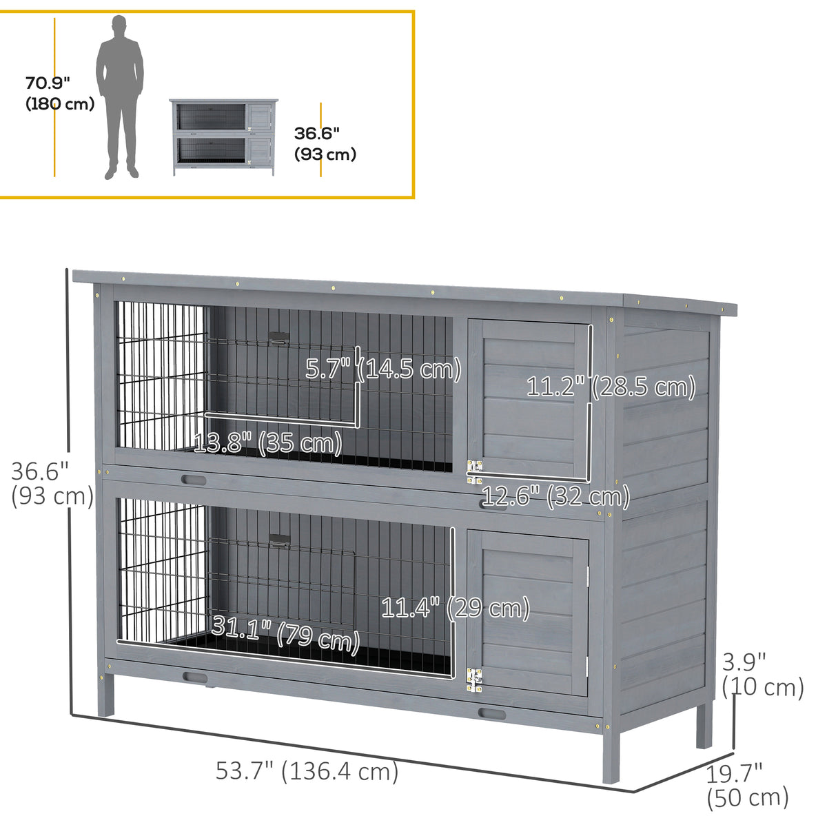 2 Tier Wooden Rabbit Hutch Bunny Pet House Wooden Coop Run, Grey