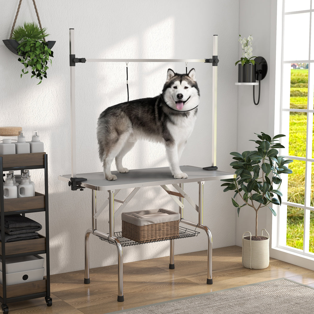 Adjustable Dog Grooming Table with 2 Safety Slings, Storage Basket, Black – view 21