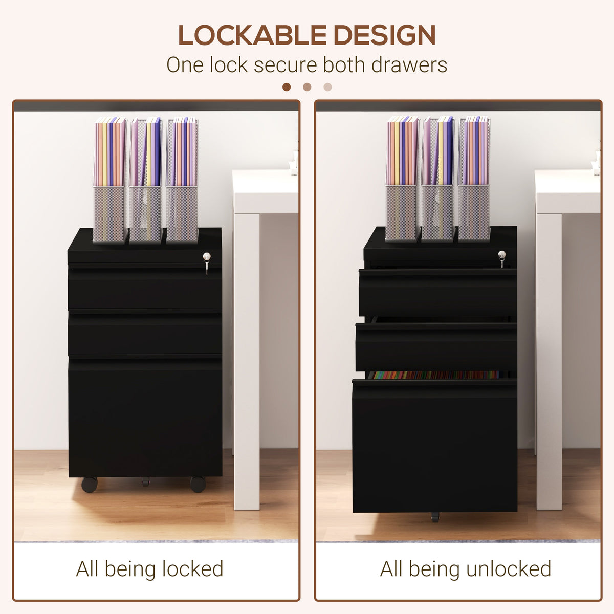 3 Drawer File Cabinet with Lock, Steel Vertical Filing Cabinet with 5 Wheels and Hanging Bar for – view 5