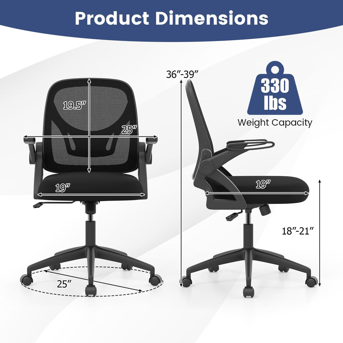 Ergonomic Computer Desk Chair with Lumbar Support and Flip-up Arms-Black view 5