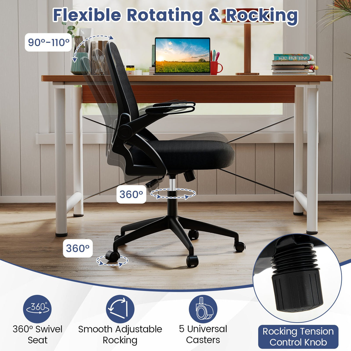 Ergonomic Computer Desk Chair with Lumbar Support and Flip-up Arms-Black view 7