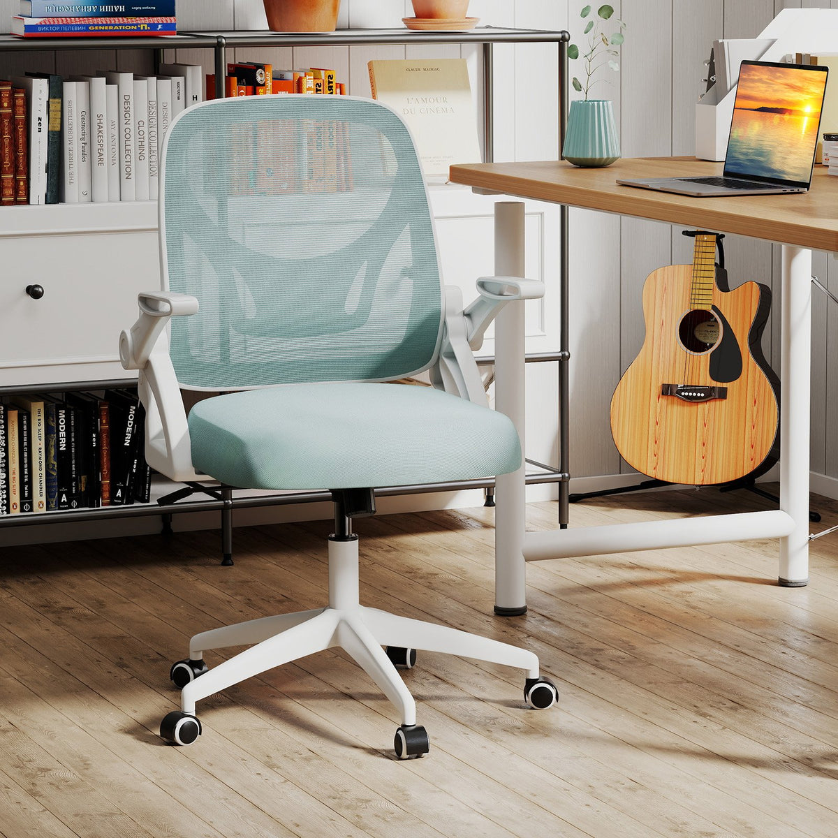 Ergonomic Computer Desk Chair with Lumbar Support and Flip-up Arms-Light Blue view 2