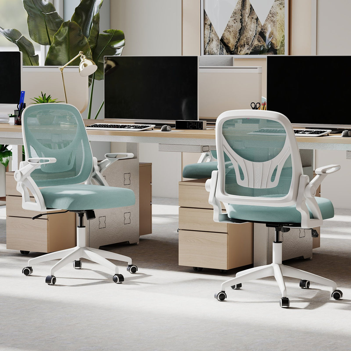Ergonomic Computer Desk Chair with Lumbar Support and Flip-up Arms-Light Blue view 3
