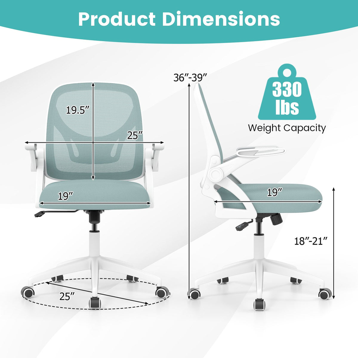 Ergonomic Computer Desk Chair with Lumbar Support and Flip-up Arms-Light Blue view 5