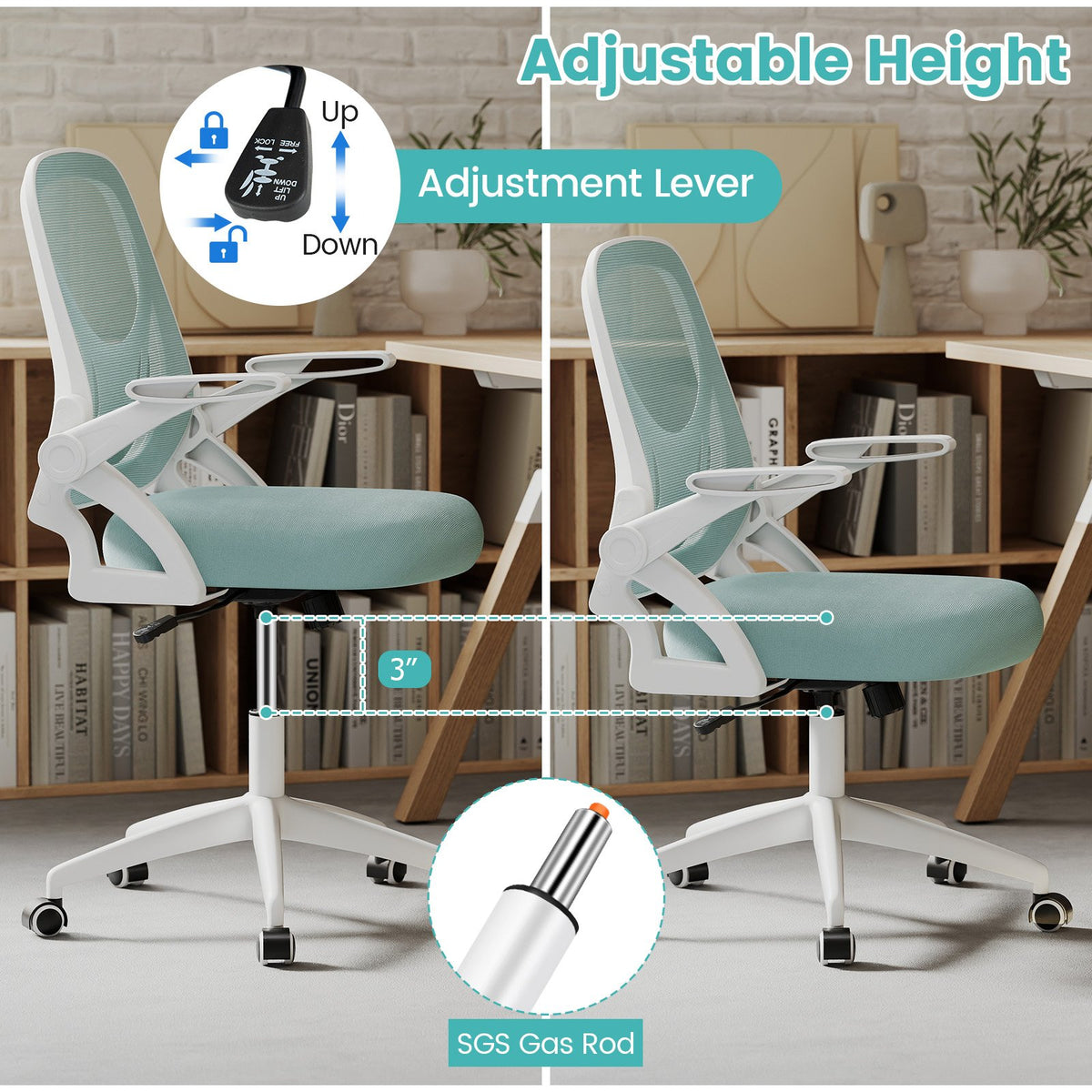 Ergonomic Computer Desk Chair with Lumbar Support and Flip-up Arms-Light Blue view 8