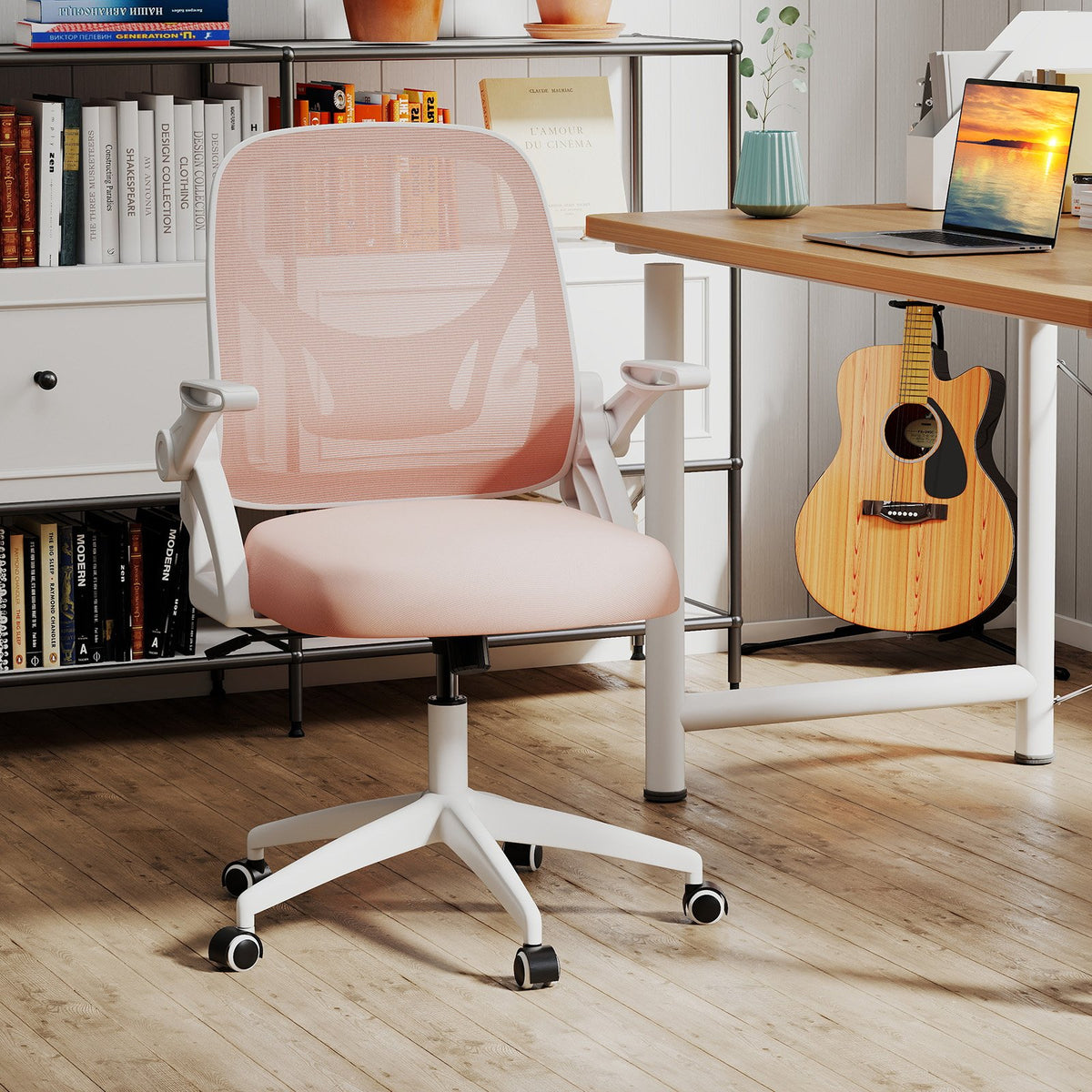 Ergonomic Computer Desk Chair with Lumbar Support and Flip-up Arms-Pink view 2