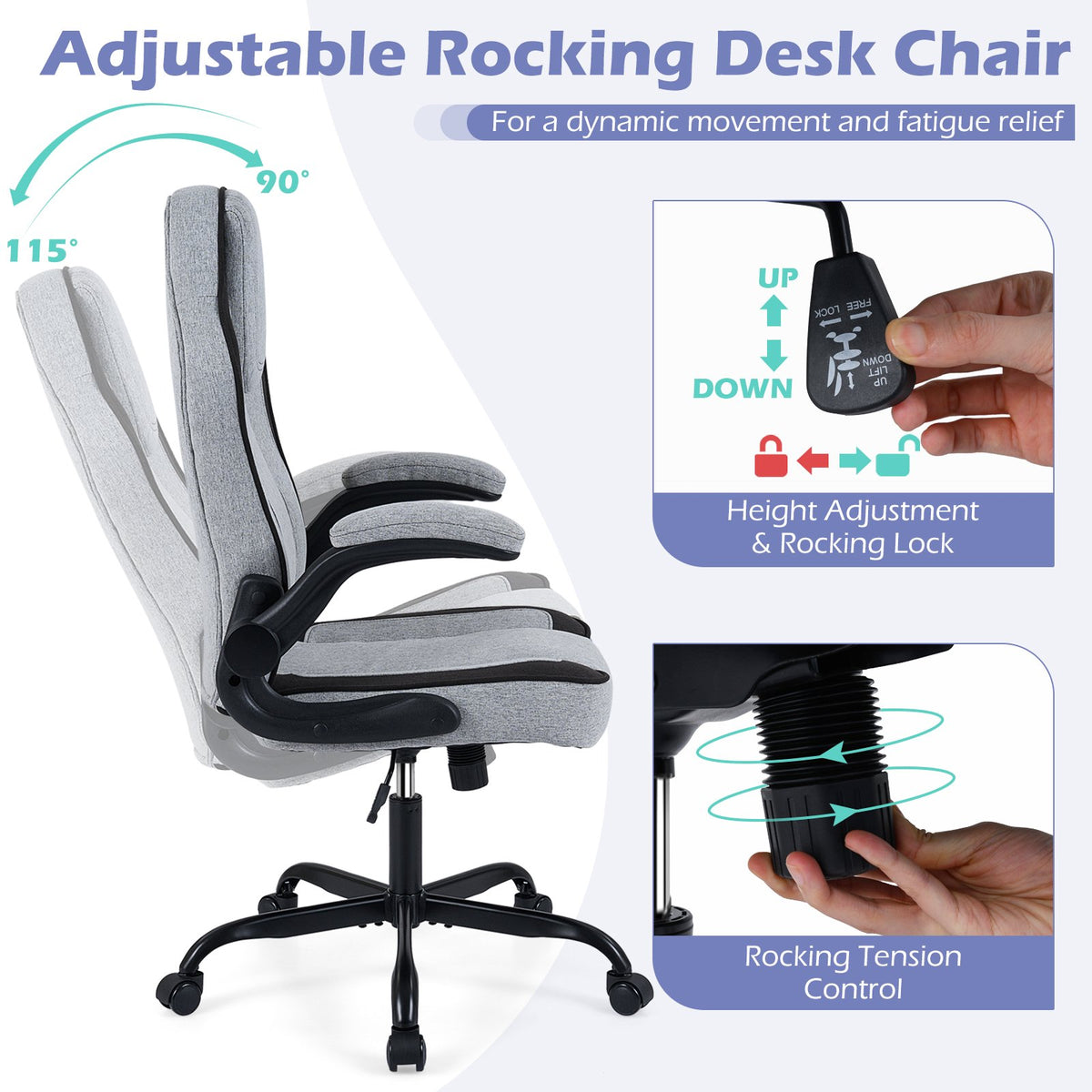 Ergonomic Computer Office Chair with 90° Flip-up Armrests-Gray view 7