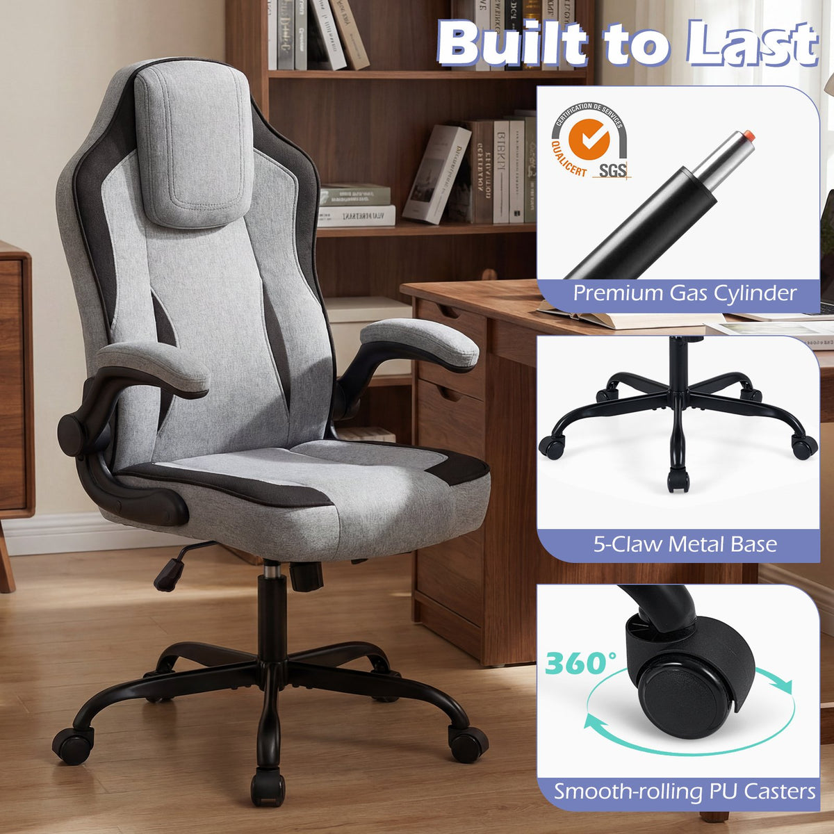Ergonomic Computer Office Chair with 90° Flip-up Armrests-Gray view 9