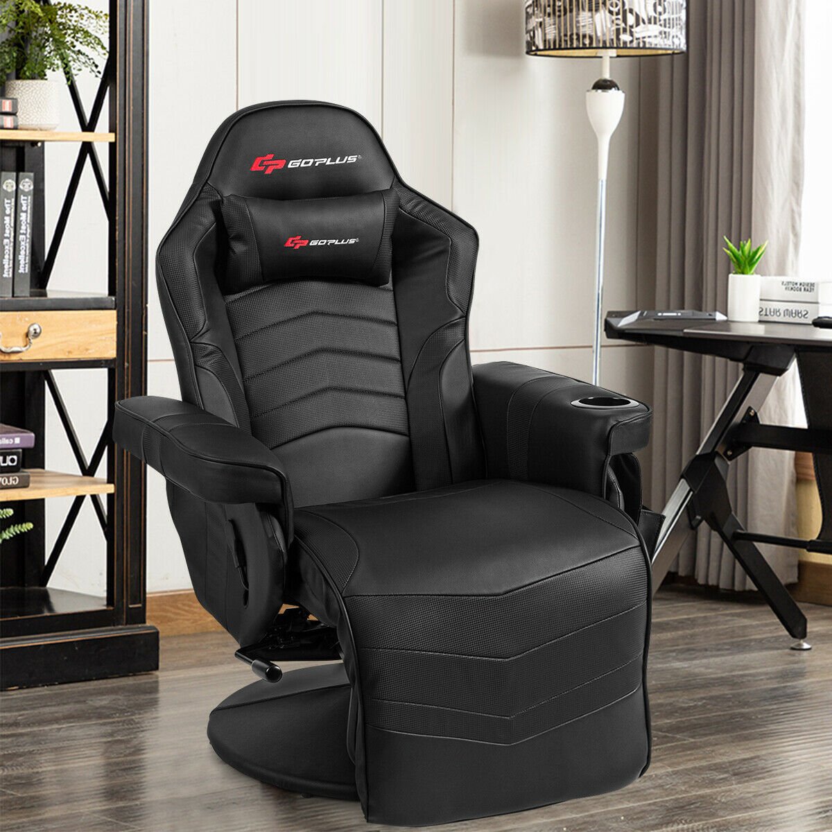 Ergonomic High Back Massage Gaming Chair with Pillow-Black view 2