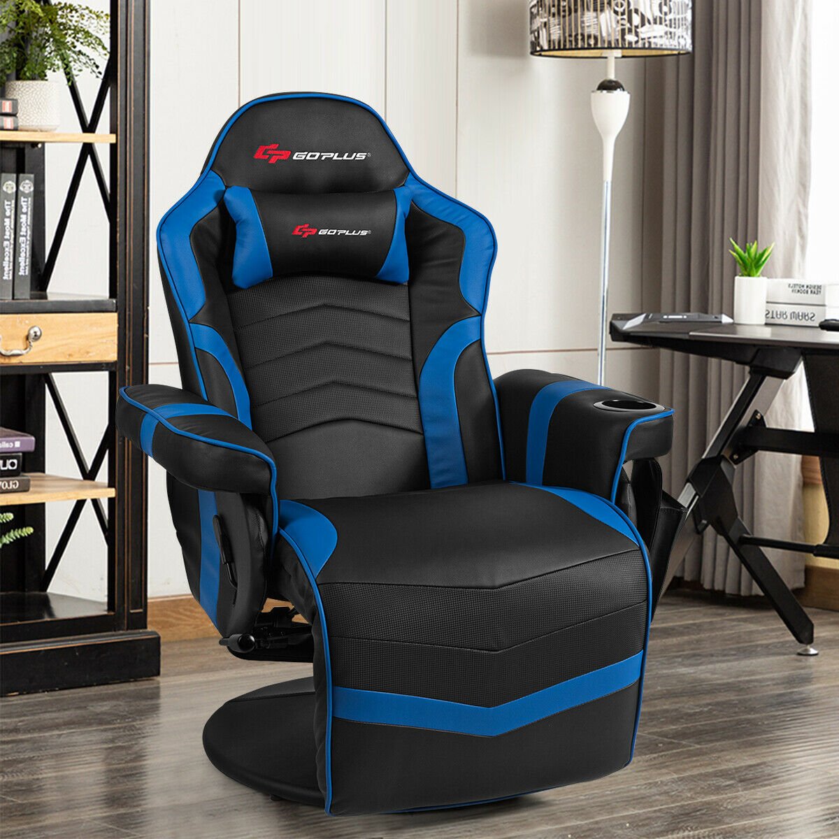 Ergonomic High Back Massage Gaming Chair with Pillow-Blue view 2