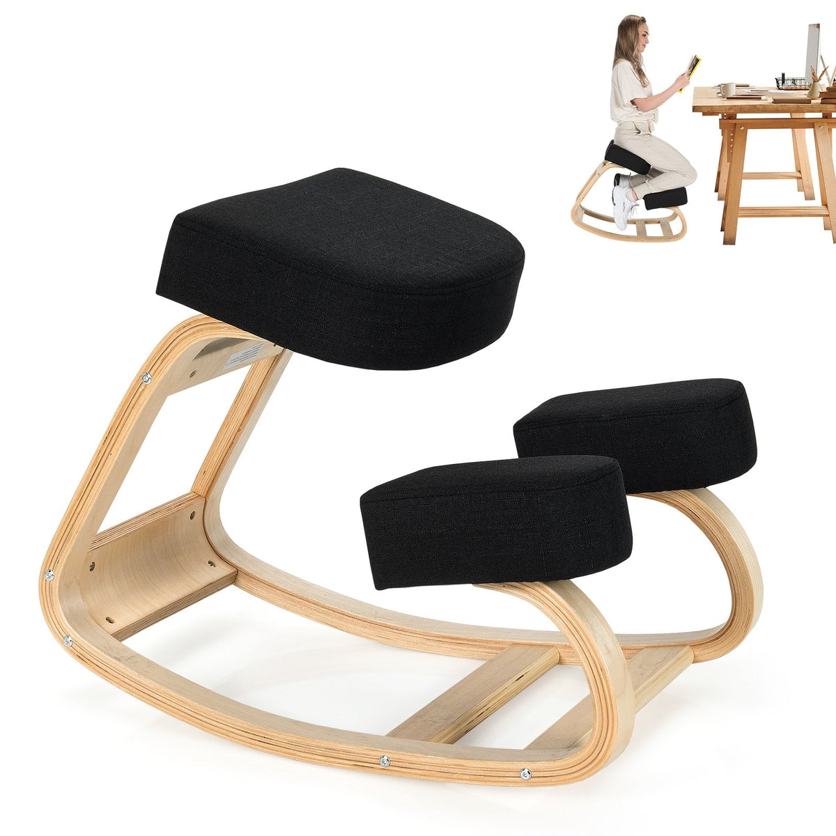 Ergonomic Kneeling Chair Rocking Office Desk Stool Upright Posture-Black view 6