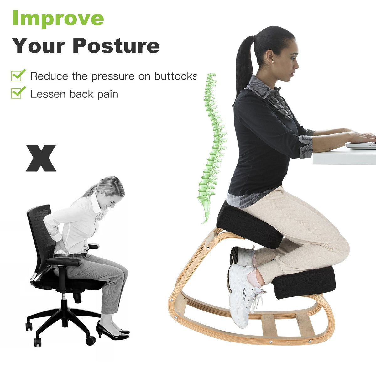 Ergonomic Kneeling Chair Rocking Office Desk Stool Upright Posture-Black view 7