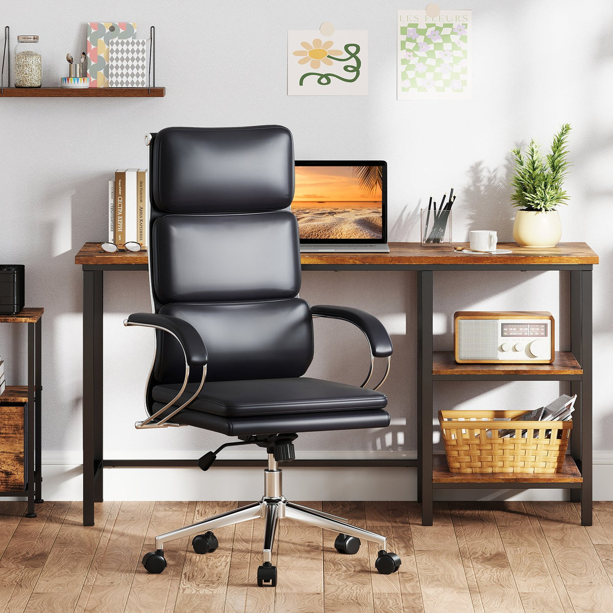 Ergonomic Leather Office Chair with Adjustable Height and Rocking Function-Black view 2