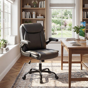 Ergonomic Leather Office Chair with Flip-up Armrests and Rocking Function-Black view 2