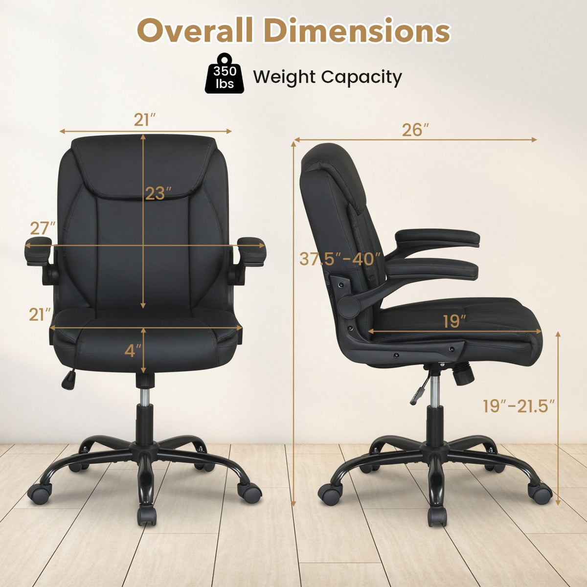 Ergonomic Leather Office Chair with Flip-up Armrests and Rocking Function-Black view 4