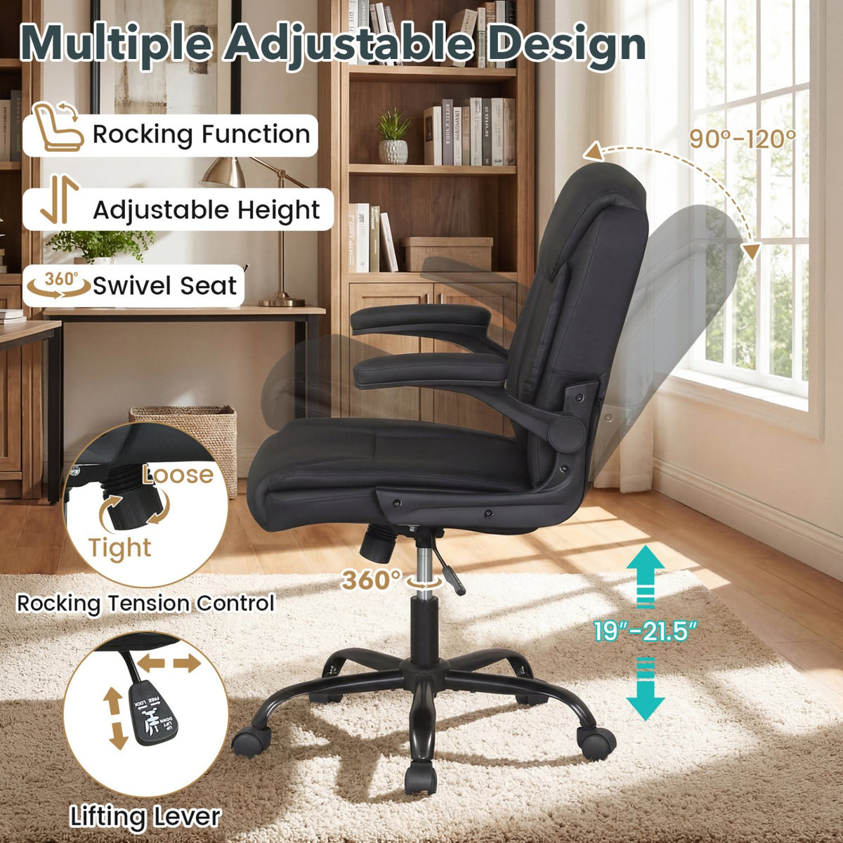 Ergonomic Leather Office Chair with Flip-up Armrests and Rocking Function-Black view 6
